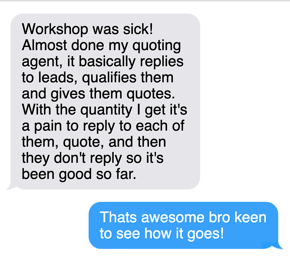 AI Sesh testimonial message from an electrician who built a quoting agent