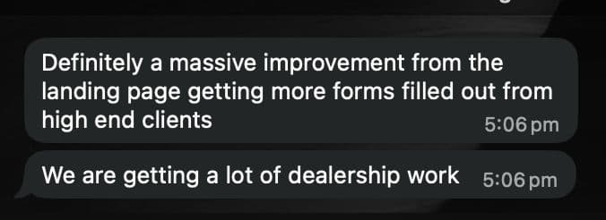AI Sesh testimonial message from a truck wash owner landing more high-end dealership work