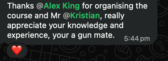 WhatsApp group message thanking Kristian after the workshop