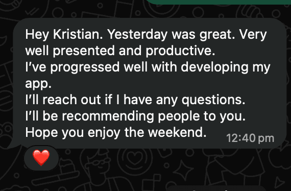 WhatsApp from a commercial facades owner the day after the workshop
